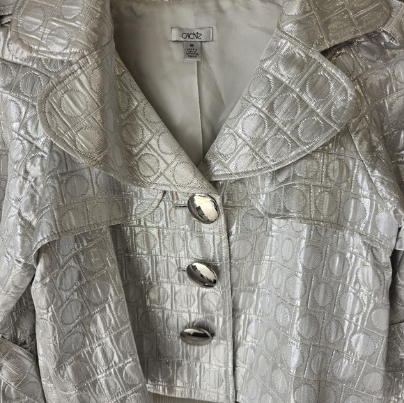 Cache Silver Jacket Women Sz M Shimmery Huge 3buttons Belted Sleveless Y2k Crop - Picture 4 of 16